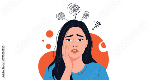 A young woman with a pained or anxious expression, holding her cheek, with abstract swirling lines above her head representing stress and confusion.