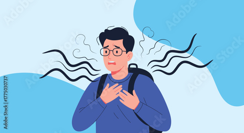 A young man with glasses and a backpack looks distressed, clutching his chest with wavy lines, symbolizing shortness of breath, anxiety, or a panic attack.