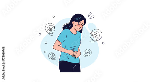 A female character is shown with an upset stomach or digestive issue, clutching her abdomen with a pained expression and sweat.