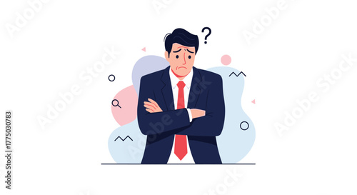 A confused businessman with a question mark above his head, contemplating a problem or difficult decision.