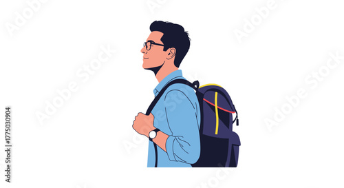 A young man with glasses and a backpack looks thoughtfully into the distance, embodying a sense of exploration, student life, or future aspirations.