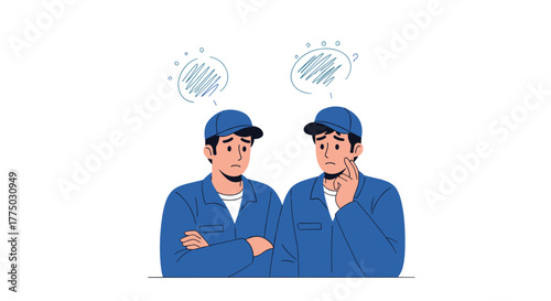 Two concerned male workers in blue uniforms appear confused or puzzled, with thought bubbles indicating uncertainty or a problem.