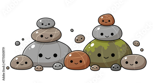 Illustrative stones with cute smiles and expressive eyes creating balancing stacks
