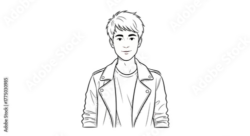 Line art illustration displaying a stylish young man with a modern haircut wearing a cool leather