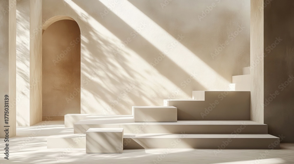 Fototapeta premium Minimalist architectural interior with soft natural light casting shadows on steps and smooth walls with an arched doorway, creating a calm and serene atmosphere