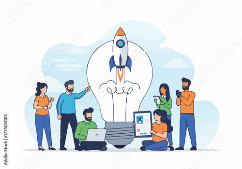 A diverse team collaborates around a giant lightbulb, launching a rocket for new ideas.