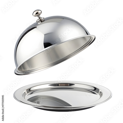 Shiny metal serving cloche being lifted from a platter, luxurious reflective style, isolated on transparent background