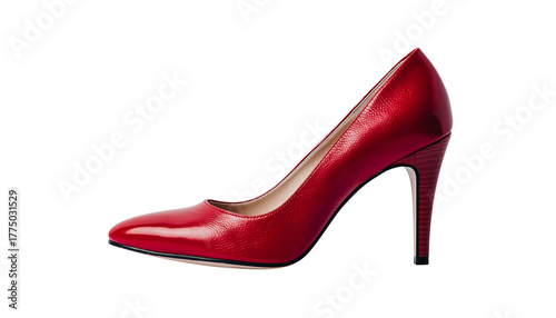 A single red leather high heel shoe with a pointed toe and stiletto heel, seen in profile, isolated on white