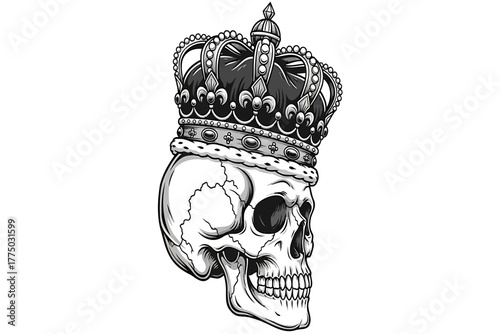 Striking skull wearing a regal crown, symbolizing power, mortality, and ultimate authority