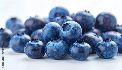 Close-up macro photograph of fresh blueberries with glistening water droplets on their deep blue skins set against a clean white background showing intricate details and textures of the berries.