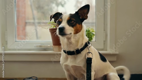 breed terrier dog with a primarily white coat and brown markings seated tranquilly inside a dwelling while wearing a lead harness  anticipating an upcoming outdoor