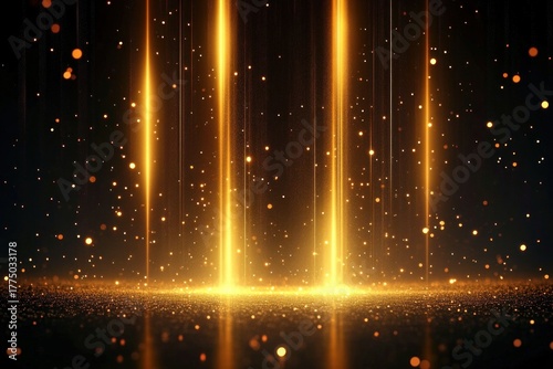 Golden beams of light shining down with sparkling particles creating a magical and ethereal glow on a dark background