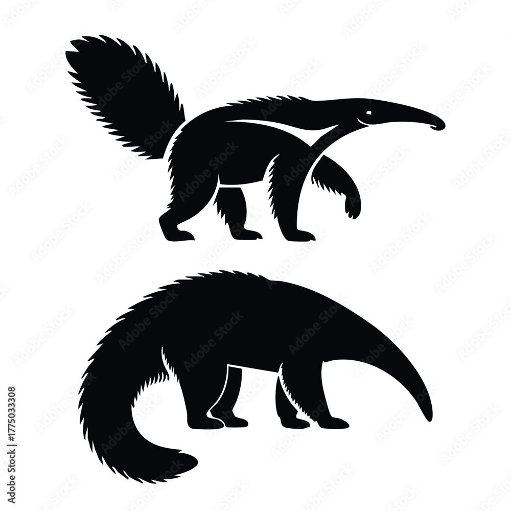 Obraz premium Anteater Vector Graphics Collection, Black Silhouettes of Walking Anteaters, Stylized Anteater Icons, silhouette, illustration, vector