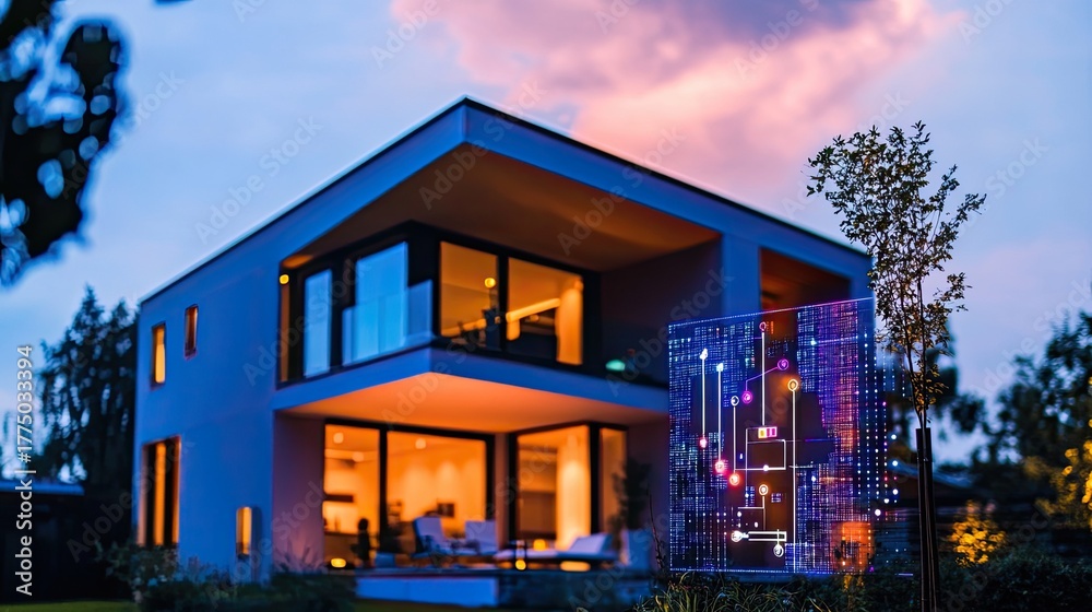 Fototapeta premium Smart Home Sunset with Modern Design.