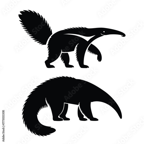 Anteater Vector Graphics Collection, Black Silhouettes of Walking Anteaters, Stylized Anteater Icons, silhouette, illustration, vector