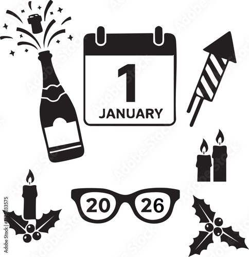 New Year 2026 Celebration Icons - January 1, Champagne, Fireworks, Candles, Holly