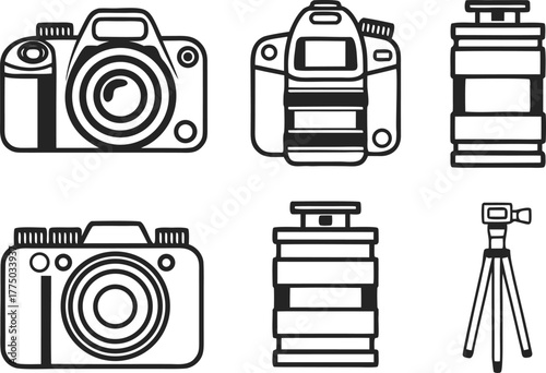 Camera Set Design Illustration. Photography Camera Collection Design. Modern Camera Equipment Artwork. Digital Camera Icon Set Design. Professional Camera Set Illustration. Camera Lens and Gear Set
