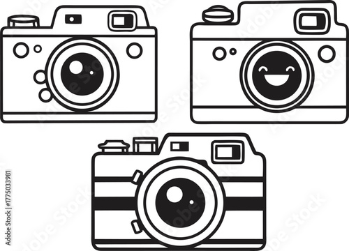 Camera Set Design Illustration. Photography Camera Collection Design. Modern Camera Equipment Artwork. Digital Camera Icon Set Design. Professional Camera Set Illustration. Camera Lens and Gear Set