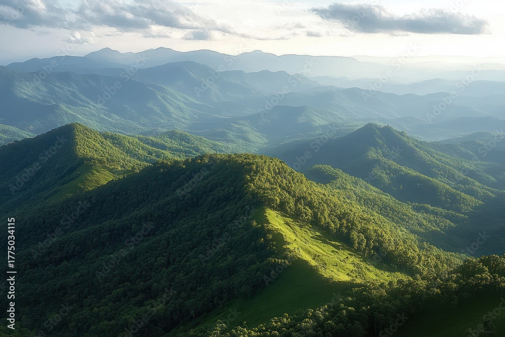 Obraz premium Expansive view of rolling green mountains covered with dense forest under a partly cloudy sky with soft sunlight illuminating the landscape