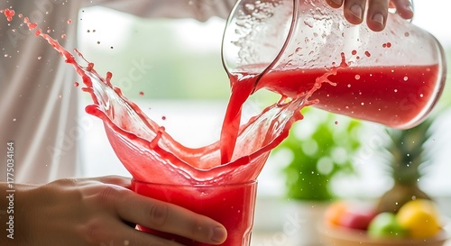 Refreshing red beverage splash while pouring into glass freshness shot