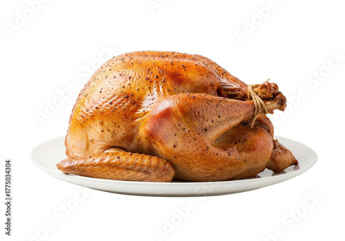 A roasted turkey on a white plate, garnished with herbs and spices, on a white background.