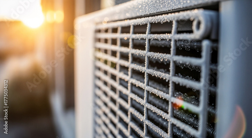 Snow on air conditioning unit at sunrise symbolizing frozen mornings
