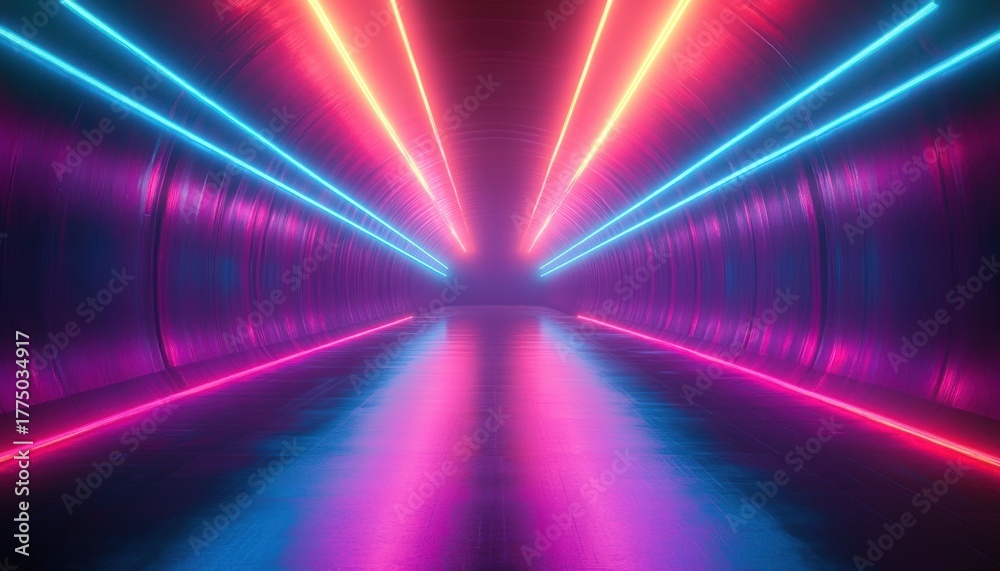 Fototapeta premium Futuristic corridor with glowing neon lights in pink, purple, blue, and red creating a vibrant and surreal atmosphere with reflective floor and tunnel walls