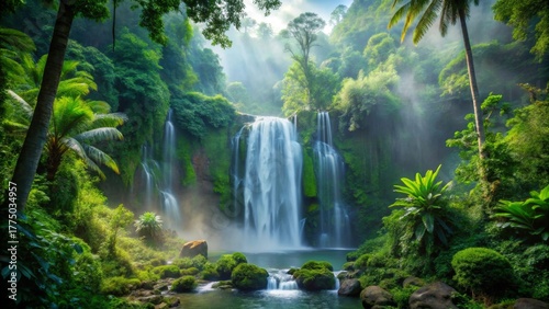 Serene Waterfall Cascading Through Lush Tropical Foliage Bathed in Sunlight