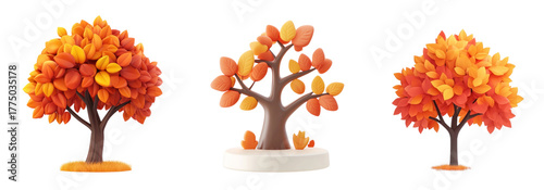 Three autumn trees with orange and yellow leaves on a white background.
