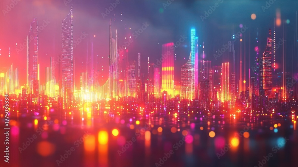 Obraz premium Futuristic city skyline illuminated by vibrant neon lights in shades of pink, orange, and blue, reflecting a lively and dynamic urban nightscape