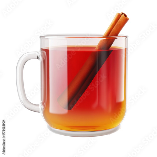 A clear glass mug filled with a red liquid and a cinnamon stick, set against a white background.