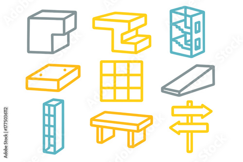 Modern furniture and architecture design elements displayed in minimalistic style with vibrant colors