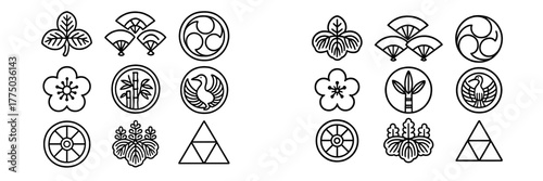 Various traditional Japanese motifs featuring flowers, symbols, and geometric designs arranged in two panels