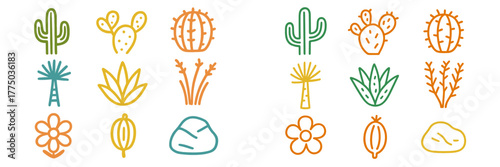 Colorful collection of hand-drawn desert plants and flowers on white background showcasing nature's diversity