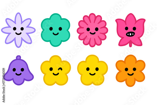 Colorful cartoon flowers with smiling faces display joy and playfulness in a cheerful design suitable for children