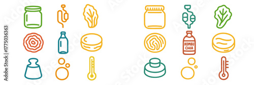 Colorful line drawings of kitchen and food items arranged in a grid, showcasing various ingredients and cooking tools