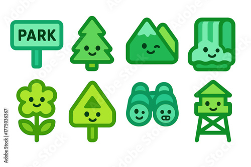 Happy park symbols in bright green colors, featuring trees, mountains, flowers, and a waterfall sign