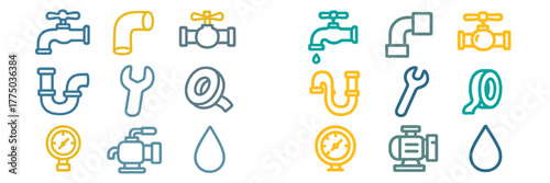 Collection of plumbing icons illustrating tools and fixtures for water systems in a clear and simple style