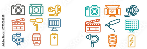 Collection of equipment used in filmmaking and photography displayed in a simple, colorful design