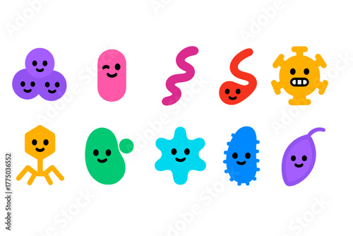 Colorful cartoon microbes smiling in a playful design for educational purposes