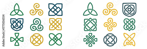 Collection of intricate Celtic knot designs featuring various shapes and patterns in green and yellow
