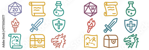 Game symbols for tabletop role-playing games displayed in colorful illustrations