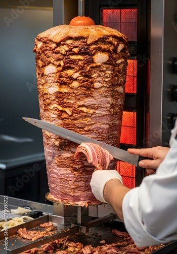 Chef slicing roasted meat from a vertical rotisserie, preparing doner kebab or gyros in a commercial kitchen.