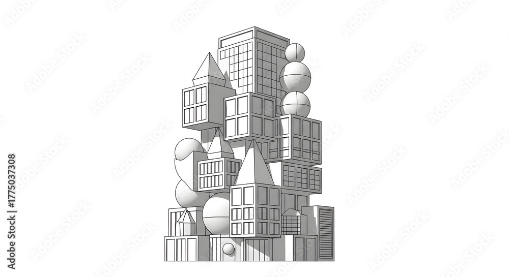 Obraz premium Abstract Architectural Sketch of Stacked Geometric Buildings and Spheres in Monochromatic Line Art