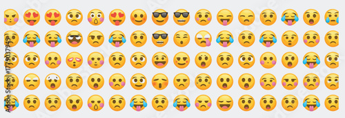 Big set of expressive emojis in modern flat style including happy, sad, surprised, love, and funny faces — ideal for mobile apps, websites, and graphic design use.