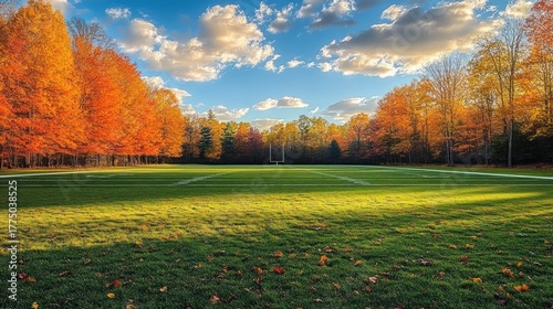 Empty football field surrounded by vibrant autumn trees under a partly cloudy blue sky with soft sunlight casting shadows