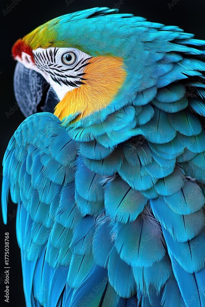 Fototapeta premium Close-up of a colorful blue and yellow macaw parrot with detailed feathers and intense gaze on a black background