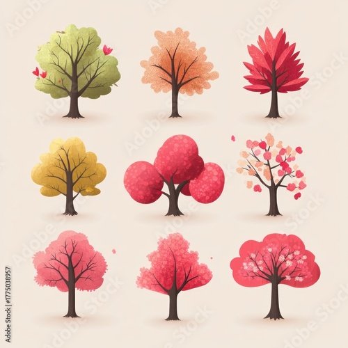 Illustration of nine stylized trees in various shapes and warm autumnal colors including green, yellow, orange, and shades of red with delicate leaves and soft shadows