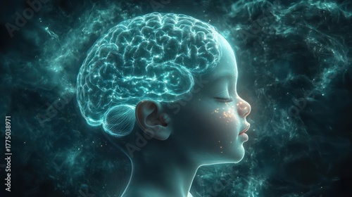 Profile of a child with eyes closed and a glowing, digital representation of a brain, surrounded by ethereal blue light and particles, evoking a sense of inner peace and intellect