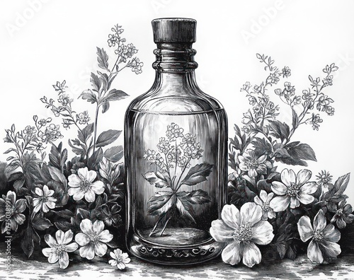 Detailed black and white sketch of a glass bottle with a flower inside surrounded by blooming flowers and leafy plants on a flat surface